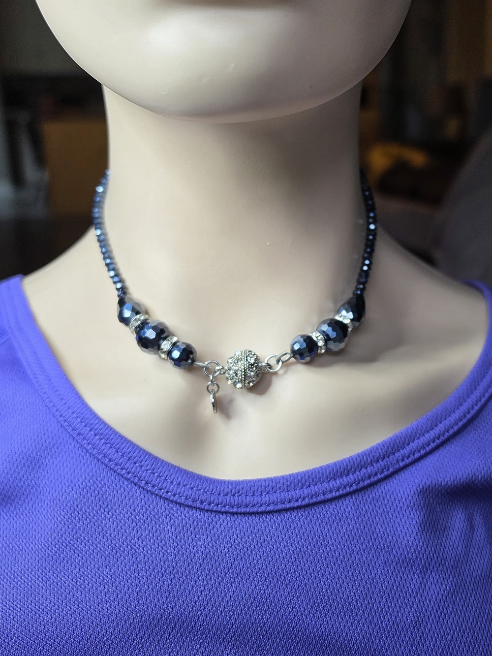 Talbot's Dark Blue Crystal Beaded Choker Necklace Magnetic Crystal Clasp